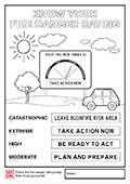 A black and white graphic of the Fire Danger Rating sign with a sun, car and tree that can be coloured in. The different fire danger rating levels are written with the recommended action to take.