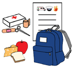 A blue backpack type bag surrounded by items indicating a list of emergency telephone numbers, a first aid kit, and some simple food items like an apple, wedge of chees and a sandwich